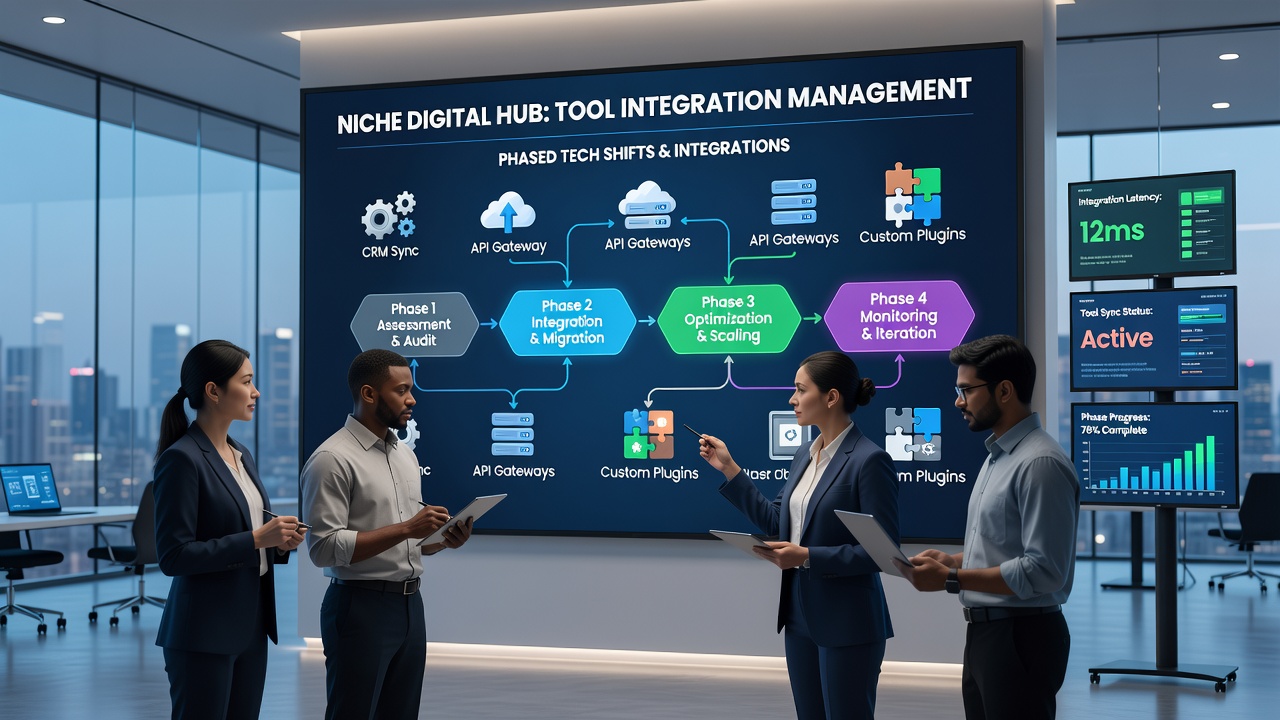Team reviewing integration logs on multiple screens in a specialized digital operations center