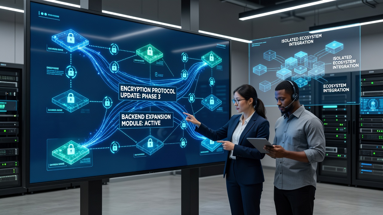 Technical illustration of phased encryption key distribution in disconnected backend clusters